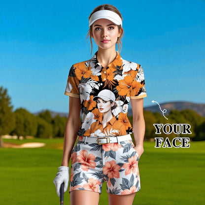 Women’s Custom Face Hibiscus Polo Shirt – Personalized Tropical Floral Polo, Unique Gift for Her, Stylish Custom Golf & Casual Wear Style 5