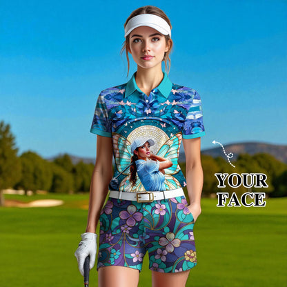 Custom Face Women’s Golf Polo Shirt – Spring Butterfly Mirage Art | Personalized Floral Fantasy Sports Shirt for Golfers Style 11