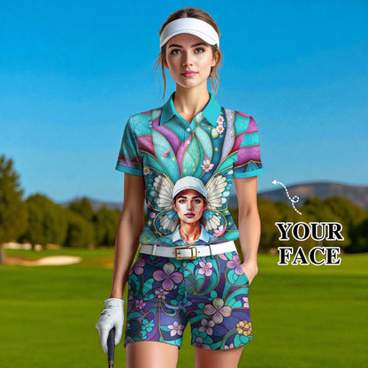 Custom Face Women’s Golf Polo Shirt – Spring Butterfly Mirage Art | Personalized Floral Fantasy Sports Shirt for Golfers Style 1