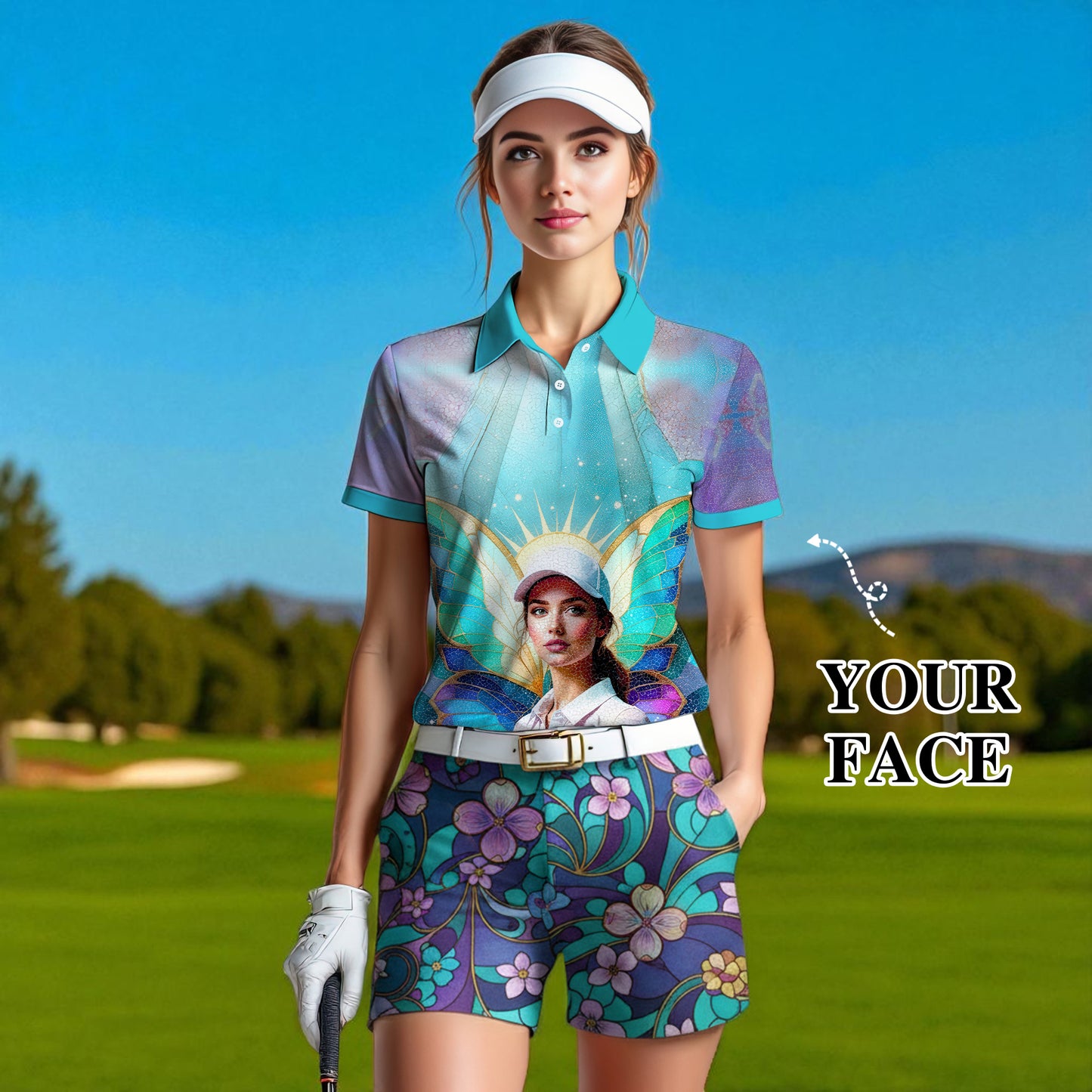 Custom Face Women’s Golf Polo Shirt – Spring Butterfly Mirage Art | Personalized Floral Fantasy Sports Shirt for Golfers Style 3