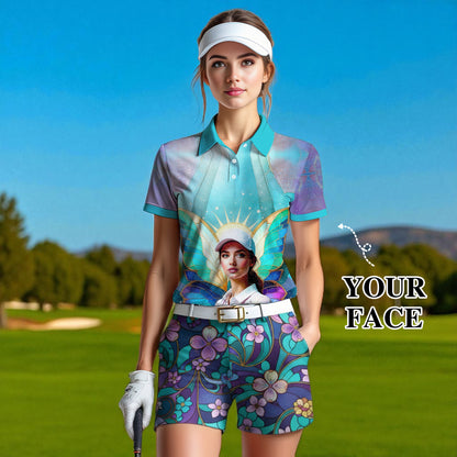 Custom Face Women’s Golf Polo Shirt – Spring Butterfly Mirage Art | Personalized Floral Fantasy Sports Shirt for Golfers Style 3