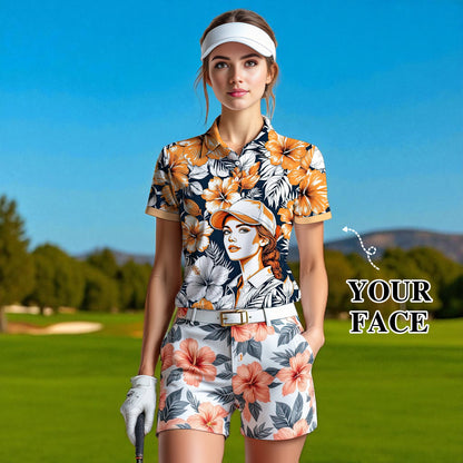 Women’s Custom Face Hibiscus Polo Shirt – Personalized Tropical Floral Polo, Unique Gift for Her, Stylish Custom Golf & Casual Wear Style 7