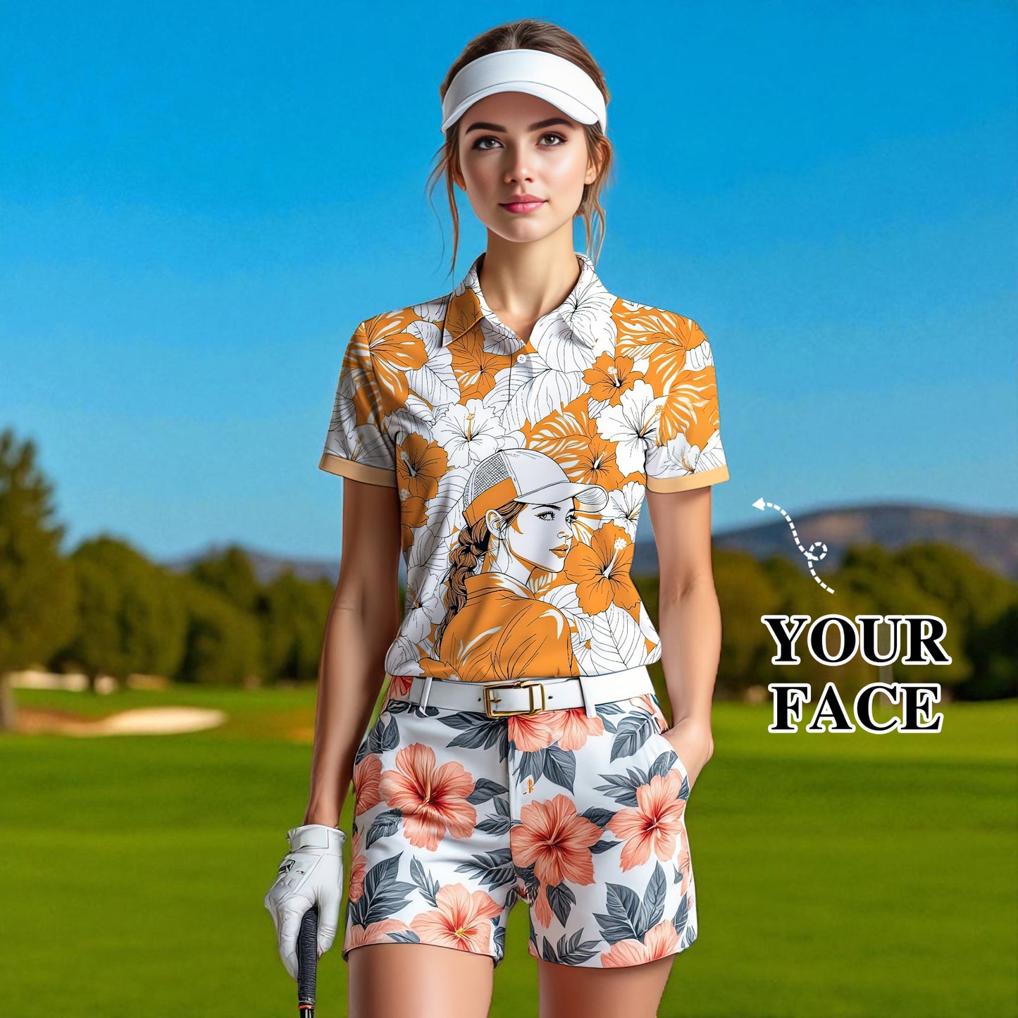 Women’s Custom Face Hibiscus Polo Shirt – Personalized Tropical Floral Polo, Unique Gift for Her, Stylish Custom Golf & Casual Wear Style 11