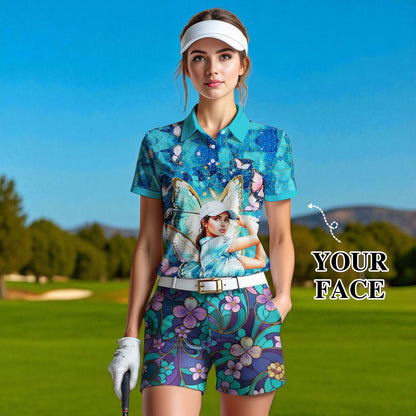 Custom Face Women’s Golf Polo Shirt – Spring Butterfly Mirage Art | Personalized Floral Fantasy Sports Shirt for Golfers Style 9