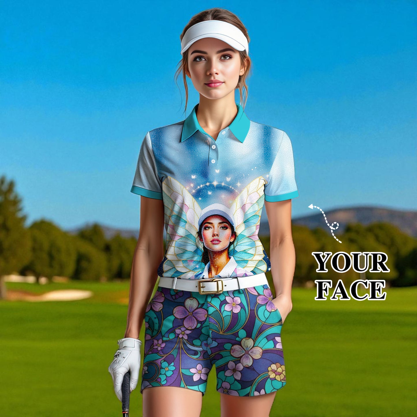 Custom Face Women’s Golf Polo Shirt – Spring Butterfly Mirage Art | Personalized Floral Fantasy Sports Shirt for Golfers Style 4