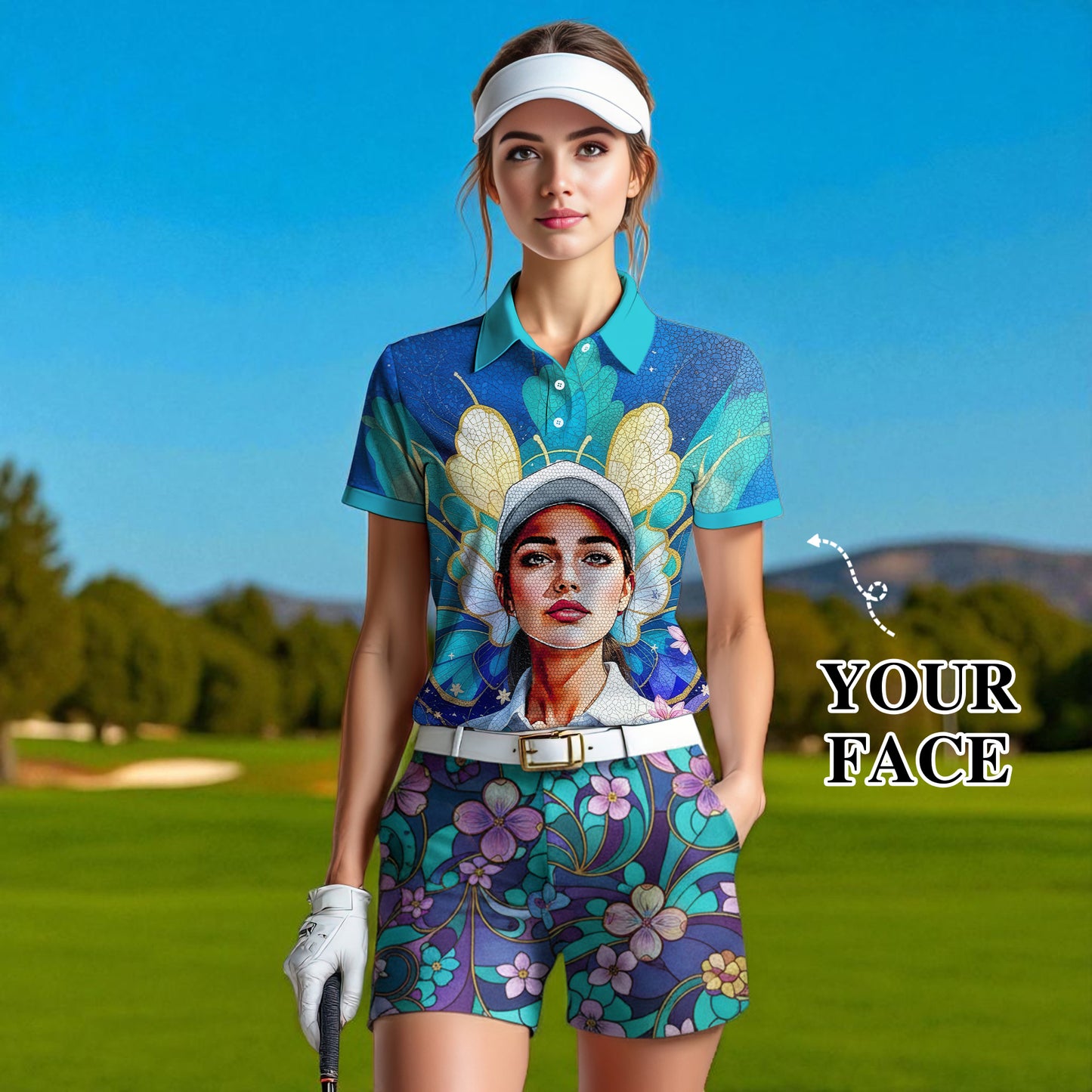 Custom Face Women’s Golf Polo Shirt – Spring Butterfly Mirage Art | Personalized Floral Fantasy Sports Shirt for Golfers Style 2