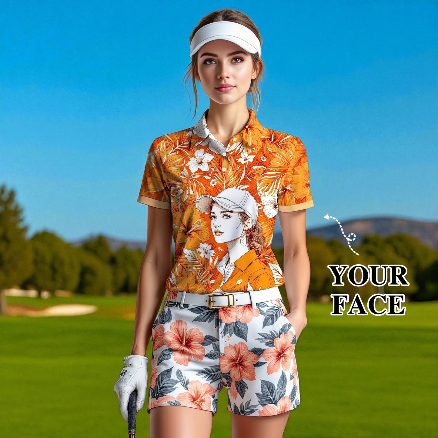 Women’s Custom Face Hibiscus Polo Shirt – Personalized Tropical Floral Polo, Unique Gift for Her, Stylish Custom Golf & Casual Wear Style 3