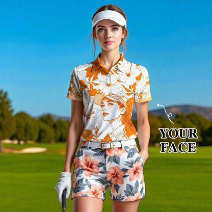 Women’s Custom Face Hibiscus Polo Shirt – Personalized Tropical Floral Polo, Unique Gift for Her, Stylish Custom Golf & Casual Wear Style 4