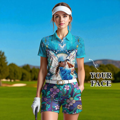 Custom Face Women’s Golf Polo Shirt – Spring Butterfly Mirage Art | Personalized Floral Fantasy Sports Shirt for Golfers Style 8