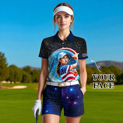 Women’s Custom Face Golf Polo – American Flag Mosaic Art – Personalized USA Patriotic Golf Shirt – Unique 4th of July Gift Style 2
