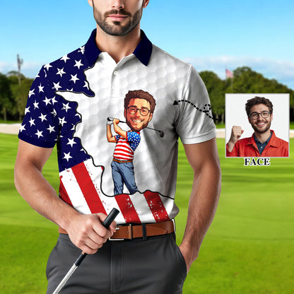 HomyGifts Men's Customized Face Artistic Golf Polo Shirt, Personalized American Flag Design, Unique Gift for Patriotic Golfers Style 1