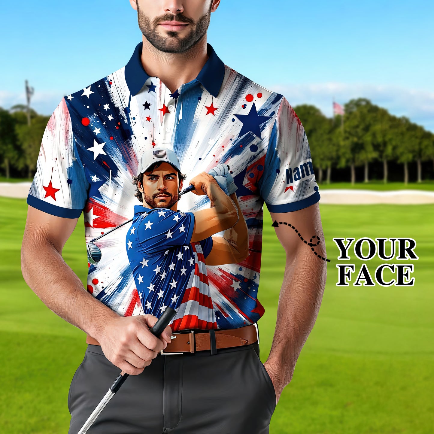 HomyGifts Men's Customized Face Artistic Golf Polo Shirt, Personalized American Flag Design, Unique Gift for Patriotic Golfers Style 16