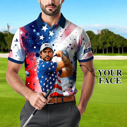 HomyGifts Men's Customized Face Artistic Golf Polo Shirt, Personalized American Flag Design, Unique Gift for Patriotic Golfers Style 17