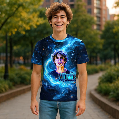 Custom Zodiac Shirt - Surreal Cosmic Art Tee with Your Face | Aquarius | Personalized Horoscope Gift