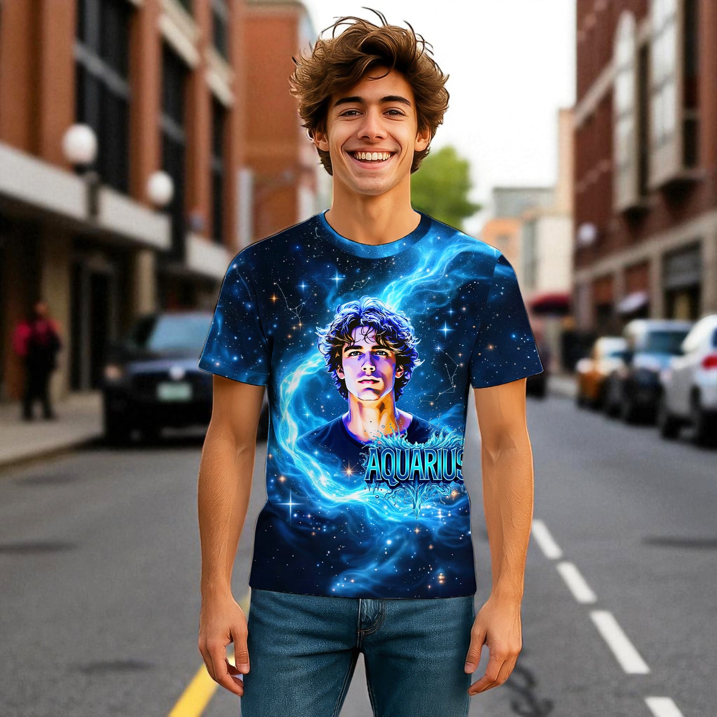 Custom Zodiac Shirt - Surreal Cosmic Art Tee with Your Face | Aquarius | Personalized Horoscope Gift