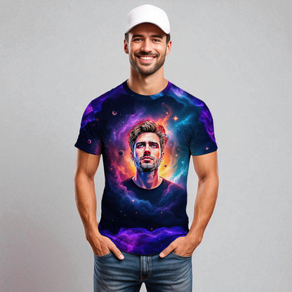 Custom Face Surreal Cosmic Art T-Shirt – Personalized Galaxy Universe Tee with Trippy Sci-Fi Design for Unique Gifts & Style