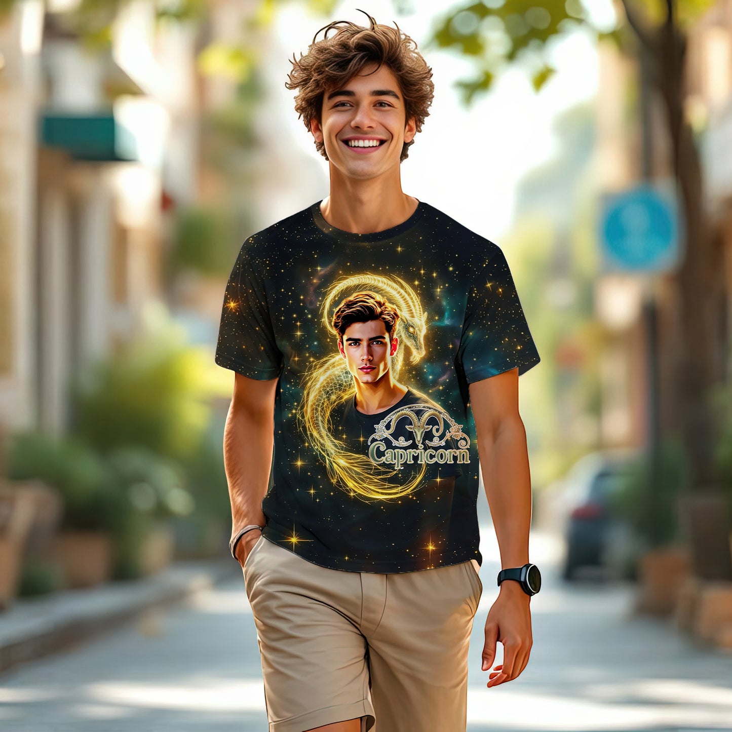 Custom Zodiac Shirt - Surreal Cosmic Art Tee with Your Face | Capricorn | Personalized Horoscope Gift