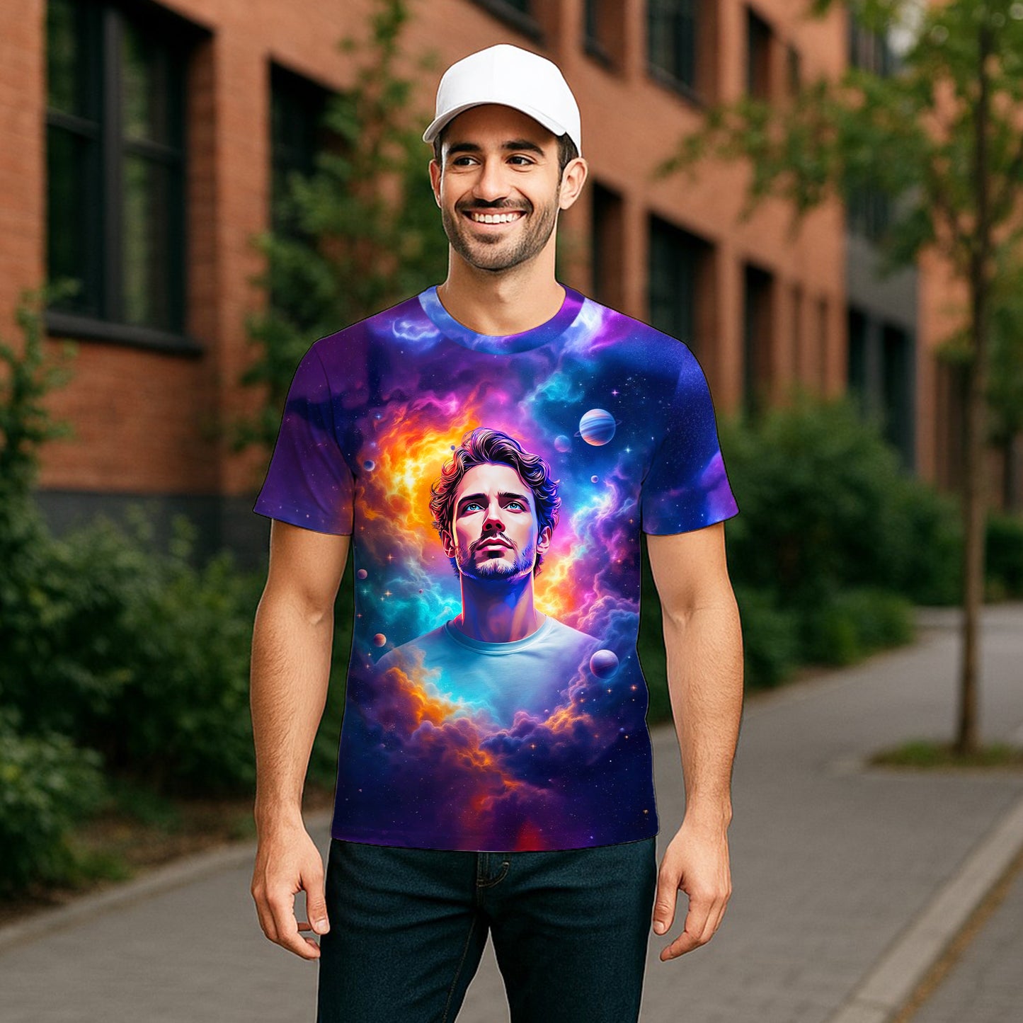 Custom Face Surreal Cosmic Art T-Shirt – Personalized Galaxy Universe Tee with Trippy Sci-Fi Design for Unique Gifts & Style
