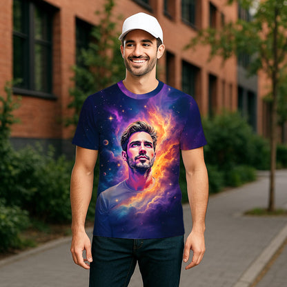 Custom Face Surreal Cosmic Art T-Shirt – Personalized Galaxy Universe Tee with Trippy Sci-Fi Design for Unique Gifts & Style