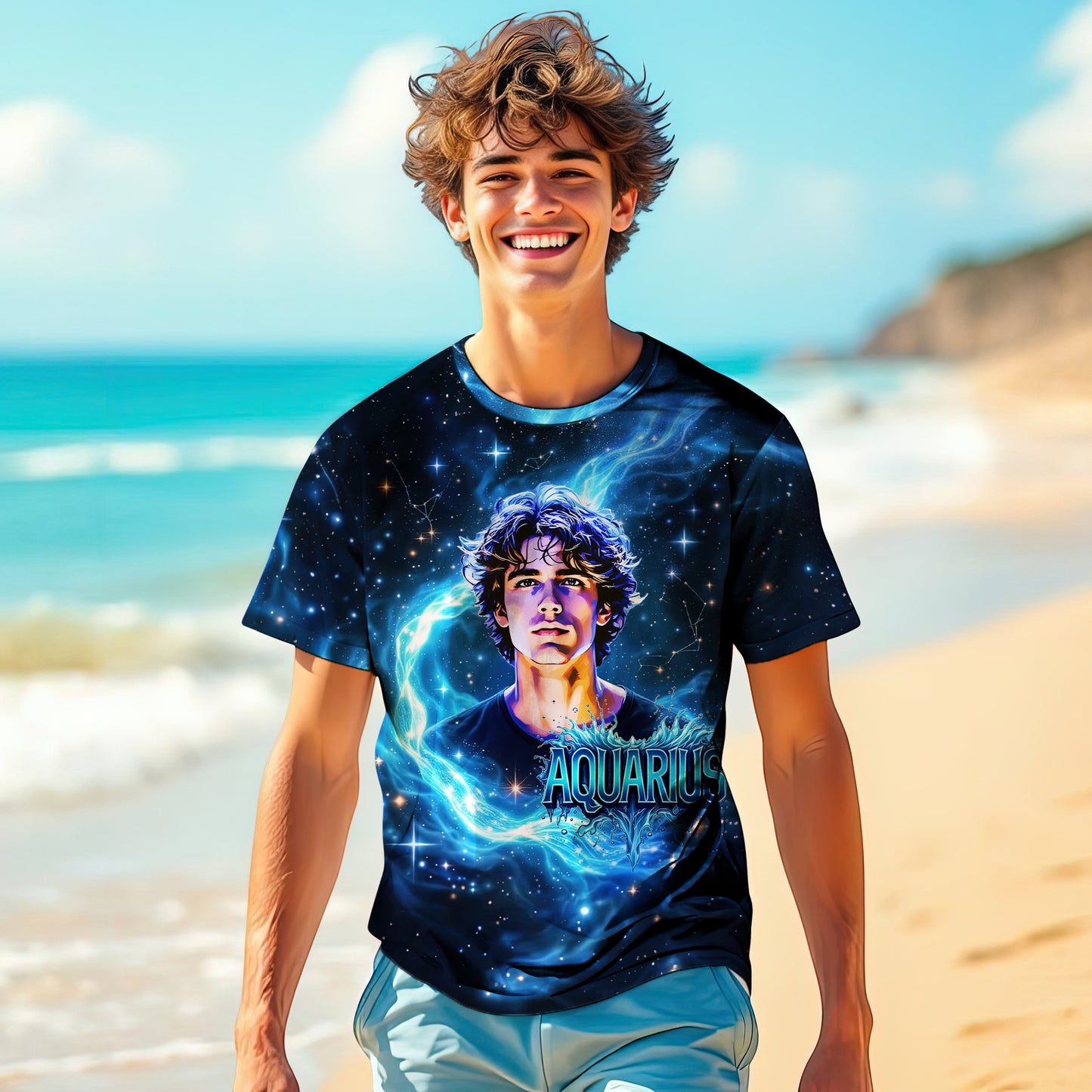 Custom Zodiac Shirt - Surreal Cosmic Art Tee with Your Face | Aquarius | Personalized Horoscope Gift
