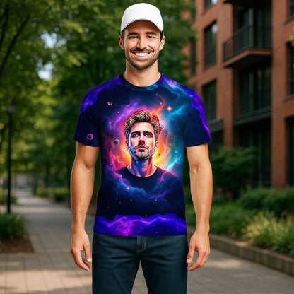 Custom Face Surreal Cosmic Art T-Shirt – Personalized Galaxy Universe Tee with Trippy Sci-Fi Design for Unique Gifts & Style