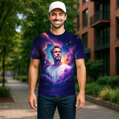 Custom Face Surreal Cosmic Art T-Shirt – Personalized Galaxy Universe Tee with Trippy Sci-Fi Design for Unique Gifts & Style
