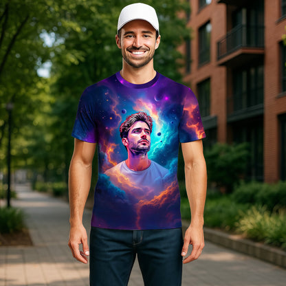 Custom Face Surreal Cosmic Art T-Shirt – Personalized Galaxy Universe Tee with Trippy Sci-Fi Design for Unique Gifts & Style
