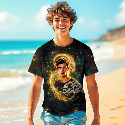Custom Zodiac Shirt - Surreal Cosmic Art Tee with Your Face | Capricorn | Personalized Horoscope Gift