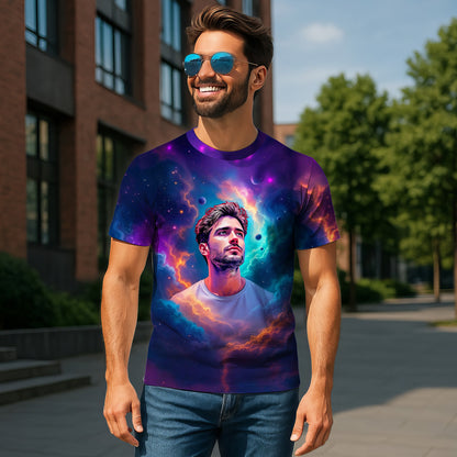 Custom Face Surreal Cosmic Art T-Shirt – Personalized Galaxy Universe Tee with Trippy Sci-Fi Design for Unique Gifts & Style