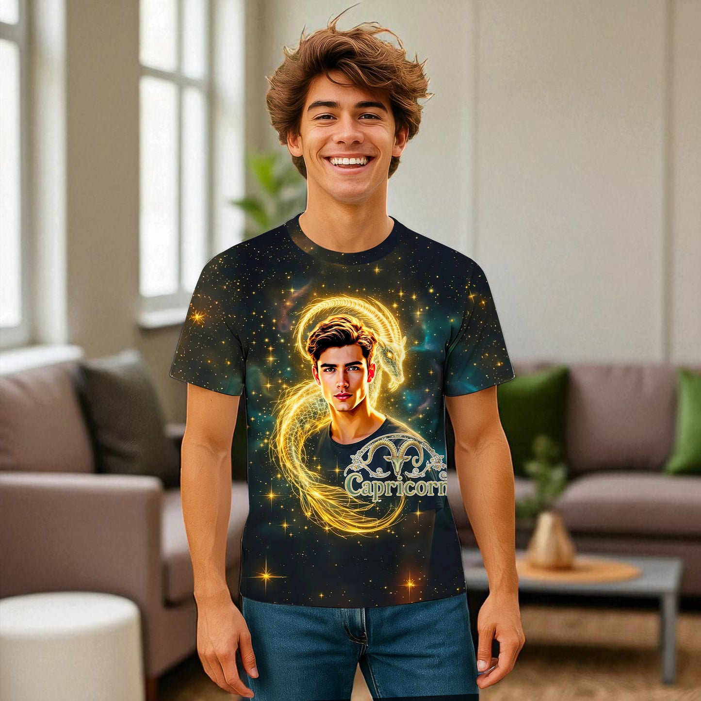Custom Zodiac Shirt - Surreal Cosmic Art Tee with Your Face | Capricorn | Personalized Horoscope Gift