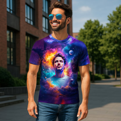 Custom Face Surreal Cosmic Art T-Shirt – Personalized Galaxy Universe Tee with Trippy Sci-Fi Design for Unique Gifts & Style