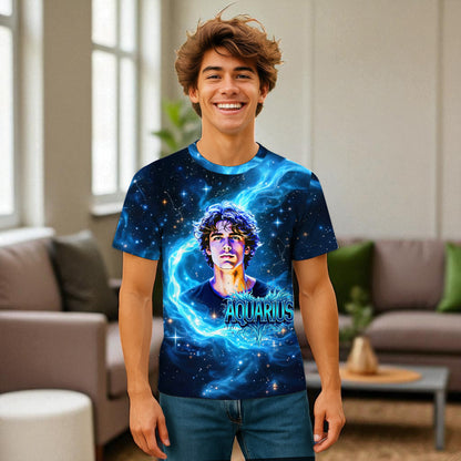 Custom Zodiac Shirt - Surreal Cosmic Art Tee with Your Face | Aquarius | Personalized Horoscope Gift