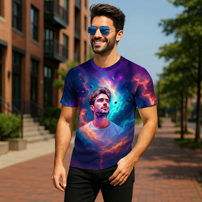 Custom Face Surreal Cosmic Art T-Shirt – Personalized Galaxy Universe Tee with Trippy Sci-Fi Design for Unique Gifts & Style