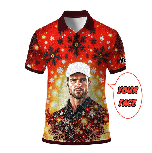 Custom Face Golf Polo Shirt – Personalized Christmas Golf Shirt for Him, Unique Holiday Gift for Golfer, Snowflake Design Golf Apparel Style 13