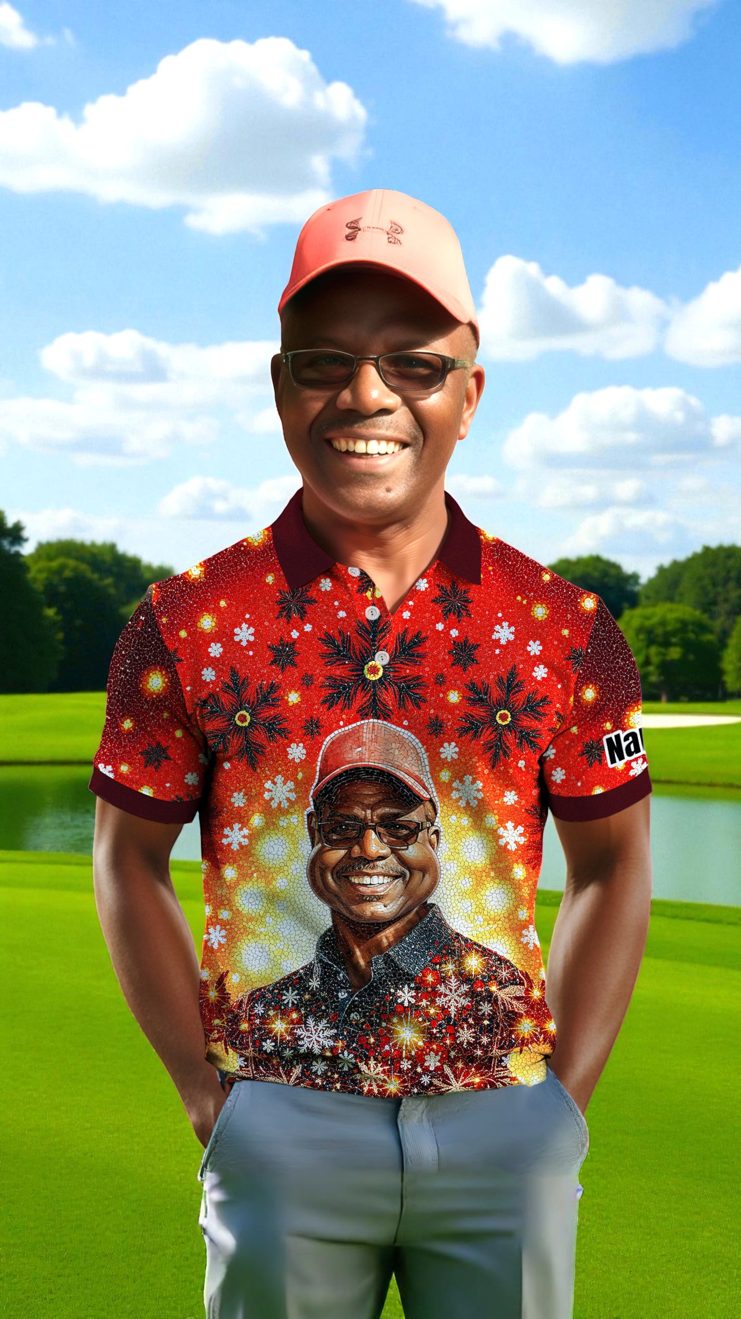 Custom Face Golf Polo Shirt – Personalized Christmas Golf Shirt for Him, Unique Holiday Gift for Golfer, Snowflake Design Golf Apparel Style 22