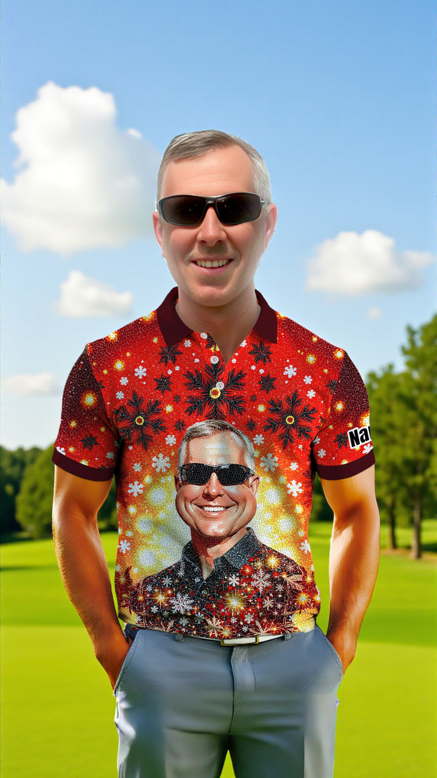 Custom Face Golf Polo Shirt – Personalized Christmas Golf Shirt for Him, Unique Holiday Gift for Golfer, Snowflake Design Golf Apparel Style 22