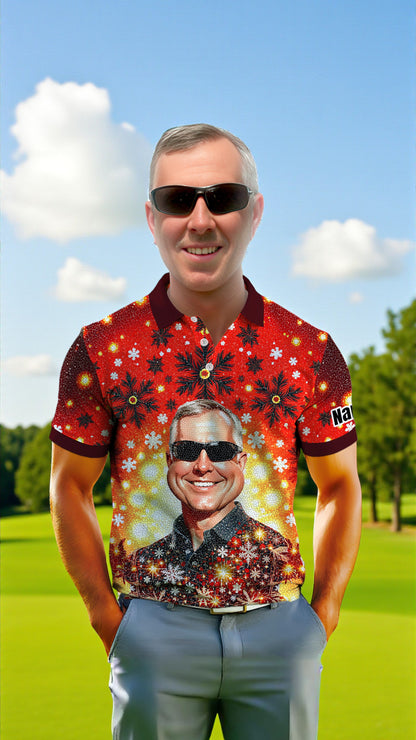 Custom Face Golf Polo Shirt – Personalized Christmas Golf Shirt for Him, Unique Holiday Gift for Golfer, Snowflake Design Golf Apparel Style 22