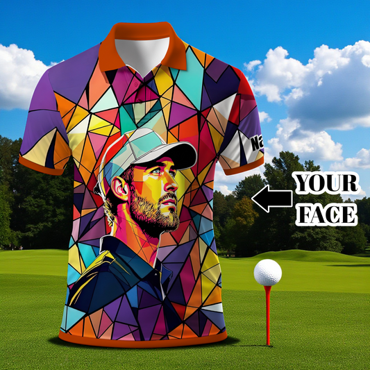HomyGifts Men's Customized Face Artistic Golf Polo Shirt, Angular Geometric Glass Pattern, Stained-Glass Mosaic Print, Personalized Sublimation Golf Shirt, Vibrant Geometric Portrait Tee