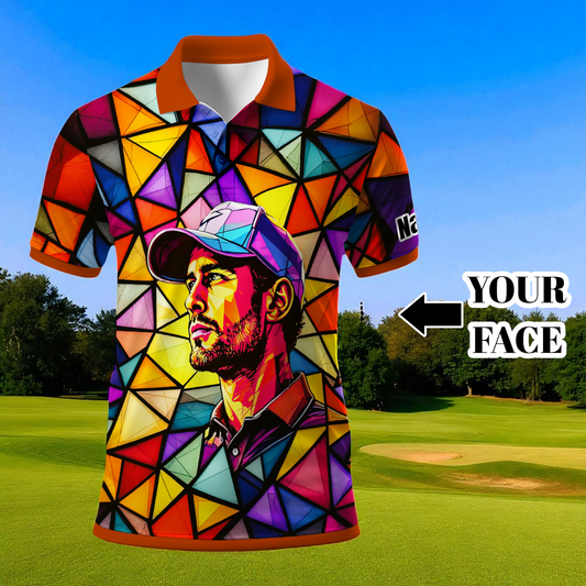 HomyGifts Men's Customized Face Artistic Golf Polo Shirt, Angular Geometric Glass Pattern, Stained-Glass Mosaic Print, Personalized Sublimation Golf Shirt, Vibrant Geometric Portrait Tee