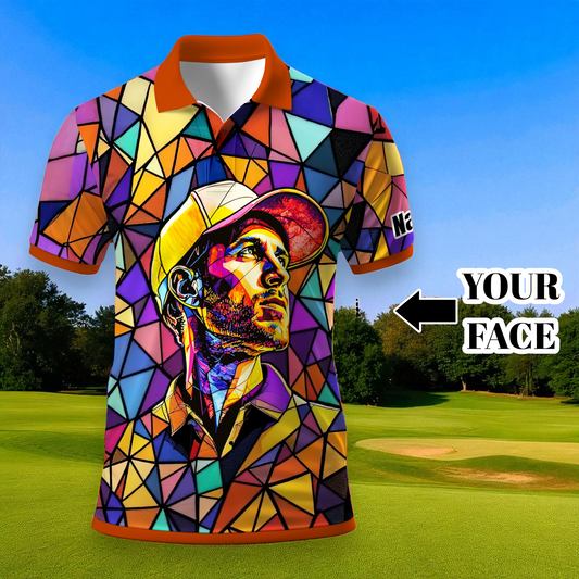 HomyGifts Men's Customized Face Artistic Golf Polo Shirt, Angular Geometric Glass Pattern, Stained-Glass Mosaic Print, Personalized Sublimation Golf Shirt, Vibrant Geometric Portrait Tee