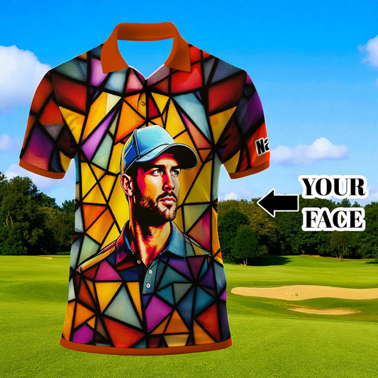 HomyGifts Men's Customized Face Artistic Golf Polo Shirt, Angular Geometric Glass Pattern, Stained-Glass Mosaic Print, Personalized Sublimation Golf Shirt, Vibrant Geometric Portrait Tee