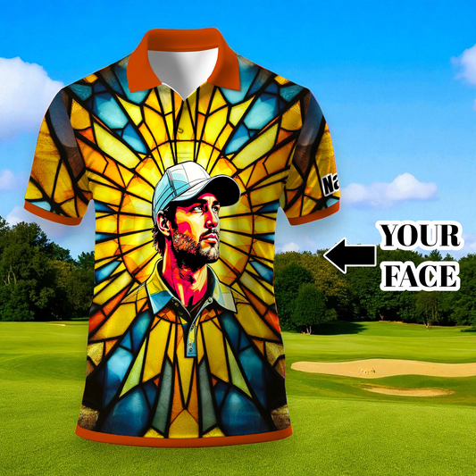 HomyGifts Men's Customized Face Artistic Golf Polo Shirt, Angular Geometric Glass Pattern, Stained-Glass Mosaic Print, Personalized Sublimation Golf Shirt, Vibrant Geometric Portrait Tee