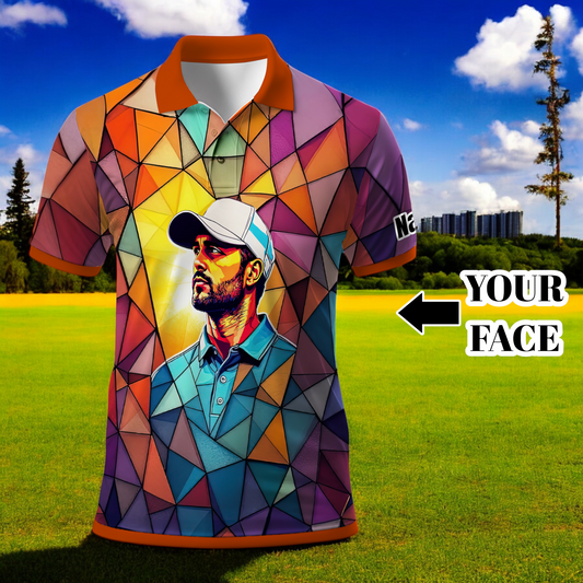 Angular Geometric Glass Pattern Custom Face Polo — Stained-Glass Mosaic Print, Personalized Sublimation Golf Shirt, Vibrant Geometric Portrait Tee