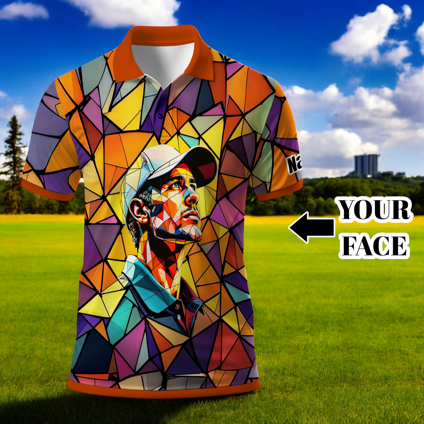 Angular Geometric Glass Pattern Custom Face Polo — Stained-Glass Mosaic Print, Personalized Sublimation Golf Shirt, Vibrant Geometric Portrait Tee