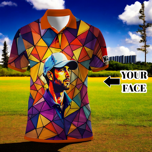 Angular Geometric Glass Pattern Custom Face Polo — Stained-Glass Mosaic Print, Personalized Sublimation Golf Shirt, Vibrant Geometric Portrait Tee