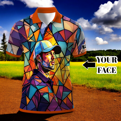Angular Geometric Glass Pattern Custom Face Polo — Stained-Glass Mosaic Print, Personalized Sublimation Golf Shirt, Vibrant Geometric Portrait Tee