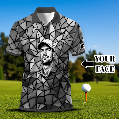 Angular Geometric Glass Pattern Custom Face Polo — Stained-Glass Mosaic Print, Personalized Sublimation Golf Shirt, Vibrant Geometric Portrait Tee