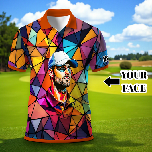 Angular Geometric Glass Pattern Custom Face Polo — Stained-Glass Mosaic Print, Personalized Sublimation Golf Shirt, Vibrant Geometric Portrait Tee