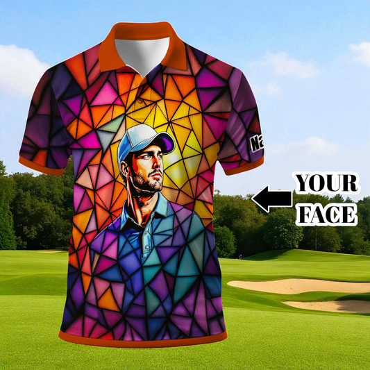 HomyGifts Men's Customized Face Artistic Golf Polo Shirt, Angular Geometric Glass Pattern, Stained-Glass Mosaic Print, Personalized Sublimation Golf Shirt, Vibrant Geometric Portrait Tee