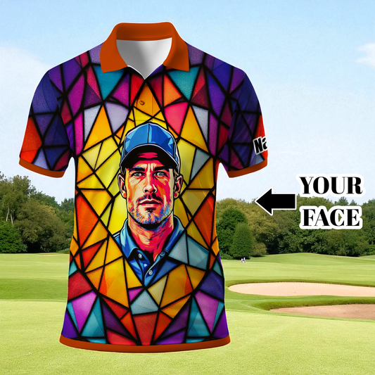 HomyGifts Men's Customized Face Artistic Golf Polo Shirt, Angular Geometric Glass Pattern, Stained-Glass Mosaic Print, Personalized Sublimation Golf Shirt, Vibrant Geometric Portrait Tee